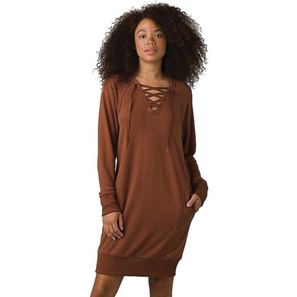 Prana Cozy Up Terry Dress Lace Up Neck Long Sleeve Brown S New Roux Heather #36 - Picture 1 of 6